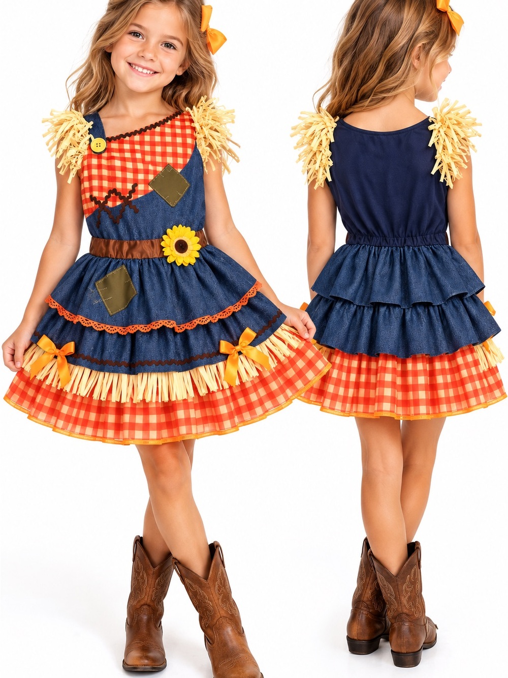 Girls Size 7/8 Navy & Orange Scarecrow Costume Dress with Sunflower Accent